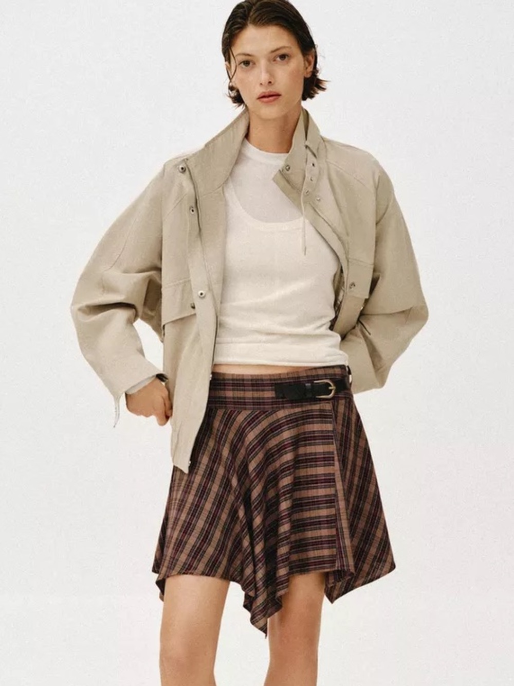 NWT Zara Woman PLAID MINI SKIRT WITH BUCKLE Size L Large